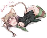  animal_ears braid cat_ears cat_tail lynette_bishop necktie panties simple_background single_braid solo strike_witches striped striped_legwear tail thighhighs torn_clothes torn_legwear translated underwear white_background white_panties world_witches_series yumesato_makura 
