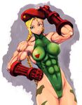  abs antenna_hair beret blonde_hair blue_eyes braid breasts cameltoe cammy_white camouflage fingerless_gloves gloves green_leotard hand_on_hip hat impossible_clothes leotard long_hair medium_breasts muscle muscular_female scar shopyun skin_tight slender_waist solo street_fighter thong_leotard twin_braids 