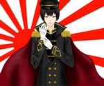  applepie axis_powers_hetalia black_hair black_shirt brown_eyes buttons cape epaulettes flag gloves hat highres japan_(hetalia) male_focus military military_jacket military_uniform peaked_cap shirt solo uniform white_gloves 