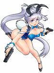  animal_ears bare_legs bow bowtie breasts bunny_ears bunny_tail bunnysuit cleavage detached_collar dual_wielding glasses gun handgun high_heels holding holding_gun holding_weapon large_breasts long_hair open_mouth original pistol shiny shiny_skin smile solo tail trigger_discipline very_long_hair vest weapon wrist_cuffs yagisaka_seto 