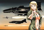  ;) aircraft airplane between_breasts blonde_hair blue_eyes breasts dog_tags f-4_phantom_ii fighter_jet finger_gun firing hand_on_hip jet large_breasts long_hair mc_axis military military_vehicle missile navel no_bra one_eye_closed pilot_suit pointing pointing_at_viewer sao_satoru smile solo unzipped 