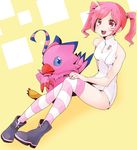  bare_shoulders chorimokki digimon digimon_world_re:digitize pink_hair piyomon red_eyes rindou_akiho striped striped_legwear thighhighs twintails 