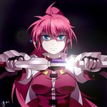  blue_eyes dark_background gauntlets highres jacket lens_flare levantine long_hair lyrical_nanoha mahou_shoujo_lyrical_nanoha mahou_shoujo_lyrical_nanoha_a's pink_hair ponytail scabbard sheath signum sm318 solo sword unsheathing weapon 