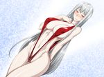 :&gt; arm_behind_back blush breasts covered_nipples ebido large_breasts long_hair looking_at_viewer pale_skin red_eyes selvaria_bles senjou_no_valkyria silver_hair slingshot_swimsuit solo swimsuit very_long_hair wide_hips 