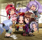  6+girls blue_eyes desk glasses gotou_matabei hattori_hanzou_(hyakka_ryouran) highres hyakka_ryouran_samurai_girls multiple_girls naoe_kanetsugu_(hyakka_ryouran) purple_hair red_eyes red_hair sanada_yukimura_(hyakka_ryouran) tokugawa_sen wink yagyuu_juubei_(hyakka_ryouran) 