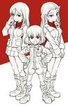  3girls angry bangs boots clara_(girls_und_panzer) closed_mouth commentary emblem fang frown girls_und_panzer hand_in_hair hands_on_hips hands_together jacket jumpsuit katyusha long_hair long_sleeves looking_at_viewer military military_uniform miniskirt mituki_(mitukiiro) monochrome multiple_girls nonna open_mouth pleated_skirt pravda_military_uniform red shirt short_hair short_jumpsuit skirt smile standing swept_bangs turtleneck uniform v-shaped_eyebrows vest zipper 