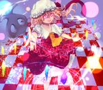  ascot bad_id bad_pixiv_id blonde_hair blood blood_stain checkered checkered_floor flandre_scarlet glowing glowing_eyes hat hat_ribbon italy-love laevatein magic_circle red_eyes ribbon smile touhou 