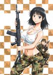  1girl assault_rifle black_eyes black_hair blush boonie_hat boots breasts character_request checkered checkered_background cleavage combat_boots cover cover_page covered_nipples gun highres holding holding_gun holding_weapon large_breasts meisai-kun midriff military military_uniform navel no_bra rifle sao_satoru short_hair sideboob smile taut_clothes trigger_discipline uniform weapon zastava_m21 zastava_m85 