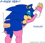  anal_penetration anthro anus balls big_butt blue_eyes blue_hair butt duo ear_piercing english_text erection from_behind gay girly habbodude hair hedgehog human human_on_anthro interspecies legwear looking_back male mammal nail_polish penetration penis piercing sega sex smile sonic_(series) sonic_the_hedgehog standing stockings text thecon 