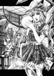  cup flandre_scarlet floral_print greyscale hane_(azelye) letterboxed monochrome multiple_girls patchouli_knowledge plate remilia_scarlet skull teacup thighhighs touhou wings zettai_ryouiki 