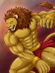  belt biceps big_muscles bracelet brown_fur brown_hair brown_nose chest_tuft claws clothing fangs feline fur hair jewelry lion loincloth male mammal mane muscles open_mouth pecs plain_background solo standing tan_fur teeth toned tongue topless tuft wildheit wristband yellow_eyes 