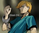  blonde_hair broken broken_chain chad_dickson chain character_name clenched_hand codename:_kids_next_door cuffs from_below glowing glowing_eyes green_eyes looking_at_viewer looking_down male_focus shackles solo t_k_g 