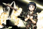  belt black_hair blush brown_eyes camouflage clenched_hands firing headset mc_axis military military_uniform military_vehicle mim-104_patriot missile sao_satoru short_hair sleeves_rolled_up solo sweatdrop uniform 