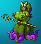  anthro areola big_breasts breasts cephalopod clothed clothing demien erect_nipples female green_hair hair huge_breasts long_hair looking_at_viewer nipple_piercing nipples octopus piercing polearm purple_eyes skimpy smile solo tentacles trident 