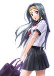  bag black_hair blue_eyes blush headband highres long_hair open_mouth original school_uniform serafuku skirt solo standing tenkuu_nozora 