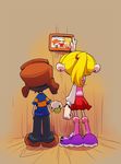  1girl alternate_hairstyle blonde_hair brown_hair codename:_kids_next_door earrings from_behind hand_in_pocket hat jewelry kneehighs lee_(knd) nigel_uno photo_(object) skirt sonya_(knd) standing sweater_vest t_k_g yo-yo 