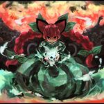  animal_ears ast blue_fire bone bow braid cat_ears cat_tail dress fire green_dress hair_bow highres hitodama kaenbyou_rin looking_at_viewer multiple_tails pile_of_skulls red_eyes red_hair skull solo tail touhou twin_braids 