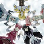  akemi_homura beret black_hair blonde_hair blue_eyes blue_hair cape circle_formation closed_eyes drill_hair fingerless_gloves from_above gloves hairband hat holding_hands interlocked_fingers kaname_madoka long_hair magical_girl mahou_shoujo_madoka_magica miki_sayaka multiple_girls nitoro-star one_eye_closed pantyhose parody pink_hair ponytail puffy_sleeves purple_eyes red_hair ripples sakura_kyouko short_hair short_twintails sumaga tears thighhighs tomoe_mami twintails water yellow_eyes 