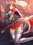  armor armored_dress brown_hair cape garter_straps joeian long_hair original shiny smile solo sword thighhighs weapon 