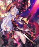  bicorne blue_eyes cape epaulettes hair_ornament hairclip hat long_hair looking_at_viewer mckeee naval_guard_simone petals shadowverse shingeki_no_bahamut silver_hair solo sword tentacles uniform watermark weapon 