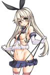  :p anchor bare_shoulders black_panties blonde_hair blush bokuso breasts elbow_gloves gloves hair_ornament hair_ribbon highres kantai_collection long_hair looking_at_viewer medium_breasts navel panties panty_lift ribbon sailor_collar shimakaze_(kantai_collection) simple_background skirt smile solo striped striped_legwear thighhighs thong tongue tongue_out underwear wedgie white_background white_gloves 