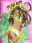  :d animal_ears barefoot bastet_(p&amp;d) brown_hair cat_ears cat_tail fang green_eyes headdress long_hair navel open_mouth paw_pose puzzle_&amp;_dragons skirt smile solo tail tan uran_(uran-factory) 