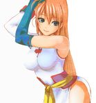  arms_up bare_shoulders blue_eyes breasts brown_hair gintama gloves highres kagura_(gintama) large_breasts long_hair older sagatsune simple_background smile solo thighs white_background 