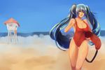  aerlai baywatch beach blue_eyes blue_hair breasts cleavage day large_breasts league_of_legends long_hair ocean one-piece_swimsuit red_swimsuit running solo sona_buvelle swimsuit thigh_gap twintails very_long_hair 