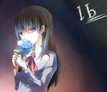  bad_id bad_pixiv_id blue_flower blue_rose brown_hair copyright_name flower holding holding_flower ib ib_(ib) long_hair natural_wind red_eyes rose solo 
