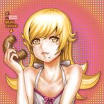  bad_id bad_pixiv_id blonde_hair burunuu_(bullnukko) doughnut eating fang food food_on_face golden_chocolate long_hair mister_donut monogatari_(series) nisemonogatari oshino_shinobu solo yellow_eyes 