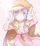  bad_id bad_pixiv_id cabbie_hat cape cosplay dress hanazawa_kana hand_on_headwear hat jacket_on_shoulders long_hair looking_away low_twintails minmii_(minmi078) monogatari_(series) pink_background purple_eyes purple_hair seiyuu_connection sengoku_nadeko sengoku_nadeko_(cosplay) solo sophie_(tales) tales_of_(series) tales_of_graces twintails 