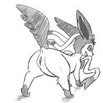  black_and_white butt eeveelution female feral fur looking_at_viewer looking_back monochrome nintendo open_mouth plain_background pok&#233;mon pok&eacute;mon pussy raised_tail shikaro sketch solo sylveon video_games white_background white_fur 