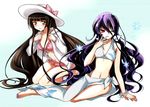  ;p aosa_(michikusakan) barefoot bikini bikini_under_clothes black_hair blush bow bracelet breasts brown_eyes cleavage front-tie_top hat hat_bow hood hoodie jewelry long_hair multiple_girls nail_polish navel nurarihyon_no_mago one_eye_closed purple_hair red_eyes ribbon setsura small_breasts smile snowflakes swimsuit swimsuit_under_clothes toenail_polish tongue tongue_out unzipped very_long_hair youhime 