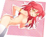  1girl :d armband blush breasts earrings female freckles gundam gundam_00 index_finger_raised jewelry long_hair nena_trinity nipples nude open_mouth red_hair smile solo thighhighs two_side_up uni white_legwear wristband yellow_eyes 