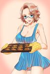  1girl bare_shoulders breasts brown_hair cleavage cookie_clicker dress glasses grandma_(cookie_clicker) large_breasts naked_apron pinkdark00 semi-rimless_glasses short_hair smile solo standing young younger 