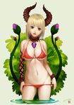  ariverkao bikini bikini_pull black_eyes blonde_hair breasts cleavage covered_nipples flower gem grey_background horns large_breasts lips navel original parted_lips pulled_by_self red_bikini short_hair signature simple_background smile solo swimsuit wading water 
