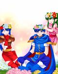  2girls 74 :d armor blue_eyes blue_hair blush cape chiki closed_eyes fingerless_gloves fire_emblem fire_emblem:_monshou_no_nazo flower gloves green_hair hair_flower hair_ornament head_wreath laughing long_hair mamkute marth multiple_girls open_mouth pointy_ears ponytail red_legwear scarf sheeda sidelocks sitting skirt smile thighhighs 