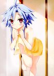  ahoge barefoot blue_hair blush breasts embarrassed frown highres kaho_okashii naked_towel neptune_(series) red_eyes scan sidelocks small_breasts solo standing standing_on_one_leg towel white_heart 