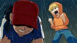  1girl abigail_lincoln blonde_hair braid clenched_hands clenched_teeth codename:_kids_next_door dark_skin earrings green_eyes hat hat_over_eyes hood hoodie jewelry looking_at_another rain standing t_k_g teeth torn_clothes wallabee_beetles wet 