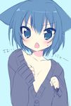  :o animal_ears aqua_background blue_eyes blue_hair blush cardigan cat_ears chestnut_mouth cold fang naked_cardigan onka original short_hair simple_background solo usashiro_mani v-shaped_eyebrows 