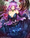  bare_shoulders breasts cleavage dress elbow_gloves flower gloves jewelry large_breasts long_hair necklace original petals purple_hair smile solo suoni_(deeperocean) 
