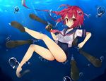  :o bad_id bad_pixiv_id barefoot blush bubble hair_ribbon highres hukasikasi i-168_(kantai_collection) kantai_collection long_hair looking_at_viewer one-piece_swimsuit ponytail red_eyes red_hair ribbon sandals school_swimsuit school_uniform serafuku shoe_dangle solo swimsuit swimsuit_under_clothes torpedo underwater 