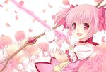  :d arrow bad_id bad_pixiv_id blush bobby_socks bow bow_(weapon) choker flower gloves hair_bow kaname_madoka kapuchii kneehighs looking_at_viewer magical_girl mahou_shoujo_madoka_magica open_mouth petals pink_eyes pink_hair rose short_hair smile socks solo twintails weapon white_gloves white_legwear 