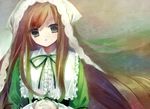  bonnet brown_hair capelet dress green_dress grey_eyes hands_clasped highres interlocked_fingers long_hair looking_at_viewer nametakenoko open_mouth own_hands_together rozen_maiden solo suiseiseki very_long_hair 