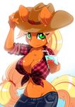  anthrofied apple_juice applejack_(mlp) big_breasts blonde_hair breasts cleavage clothed clothing cowboy_hat dripping equine female friendship_is_magic fur green_eyes hair hat horse ibukihouse juice juice_box looking_at_viewer mammal messy my_little_pony navel nipples orange_body orange_fur pants pony shine shirt skimpy smile solo spill straw 