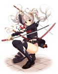  bad_id bad_pixiv_id belt blush dual_wielding highres holding k_do katana long_hair no_panties one_knee original pink_hair red_eyes scabbard school_uniform serafuku sheath solo sword thighhighs torn_clothes twintails weapon wind wind_lift 