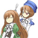  blue_dress brown_hair closed_eyes cutting_hair dress green_dress green_eyes hat heterochromia juliet_sleeves long_hair long_sleeves lowres multiple_girls puffy_sleeves red_eyes rozen_maiden scissors siblings simple_background sisters smile souseiseki suiseiseki twins very_long_hair white_background yuuma_(pumpkin) 