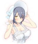  alternate_costume armpits bad_id bad_pixiv_id blue_hair blush breasts cleavage dress eyepatch frills hands_on_headwear hat k_do kantai_collection large_breasts looking_at_viewer ribbon short_hair solo sun_hat sundress tenryuu_(kantai_collection) yellow_eyes 