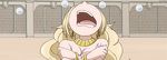  1girl animated animated_gif big_mouth blonde_hair bracelet cluster_earrings covering covering_breasts crying d: earrings fairy_tail jenny_realight jewelry lots_of_jewelry lowres necklace open_mouth tears topless wide_open 