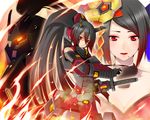  armor black_hair bodysuit cleavage cosmic_break fire katana long_hair mecha ouka_(cosmic_break) ponytail red_eyes sword weapon 